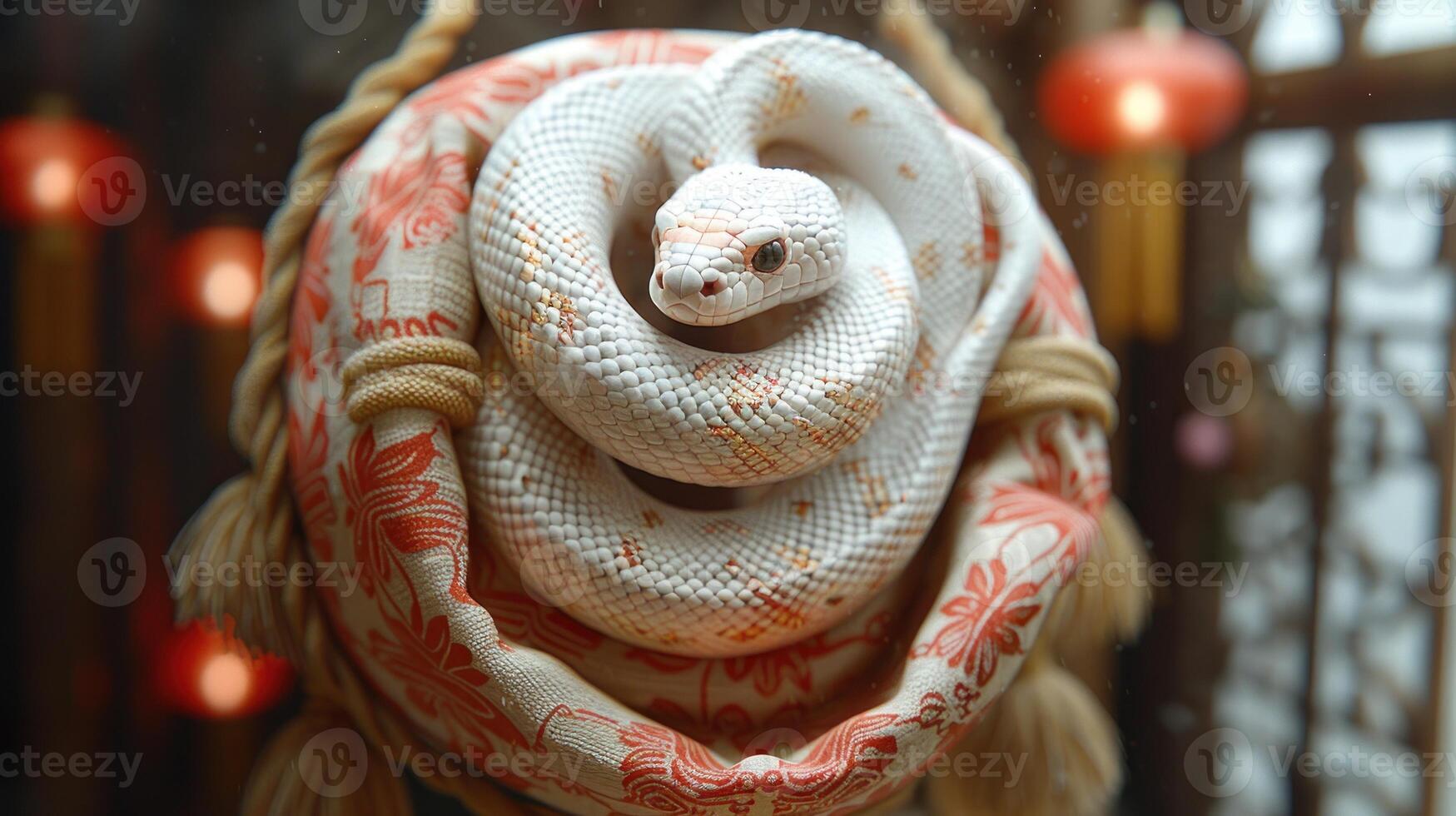 A white snake relaxes gracefully on colorful textile decor photo
