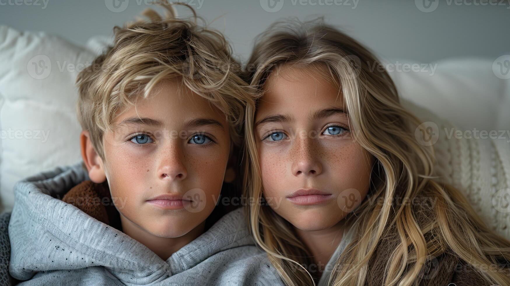 Siblings with bright blue eyes relax together on a comfortable couch photo