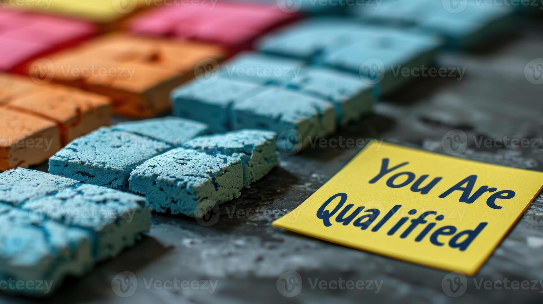 Vibrant colored blocks align alongside a bright yellow card affirming qualifications photo
