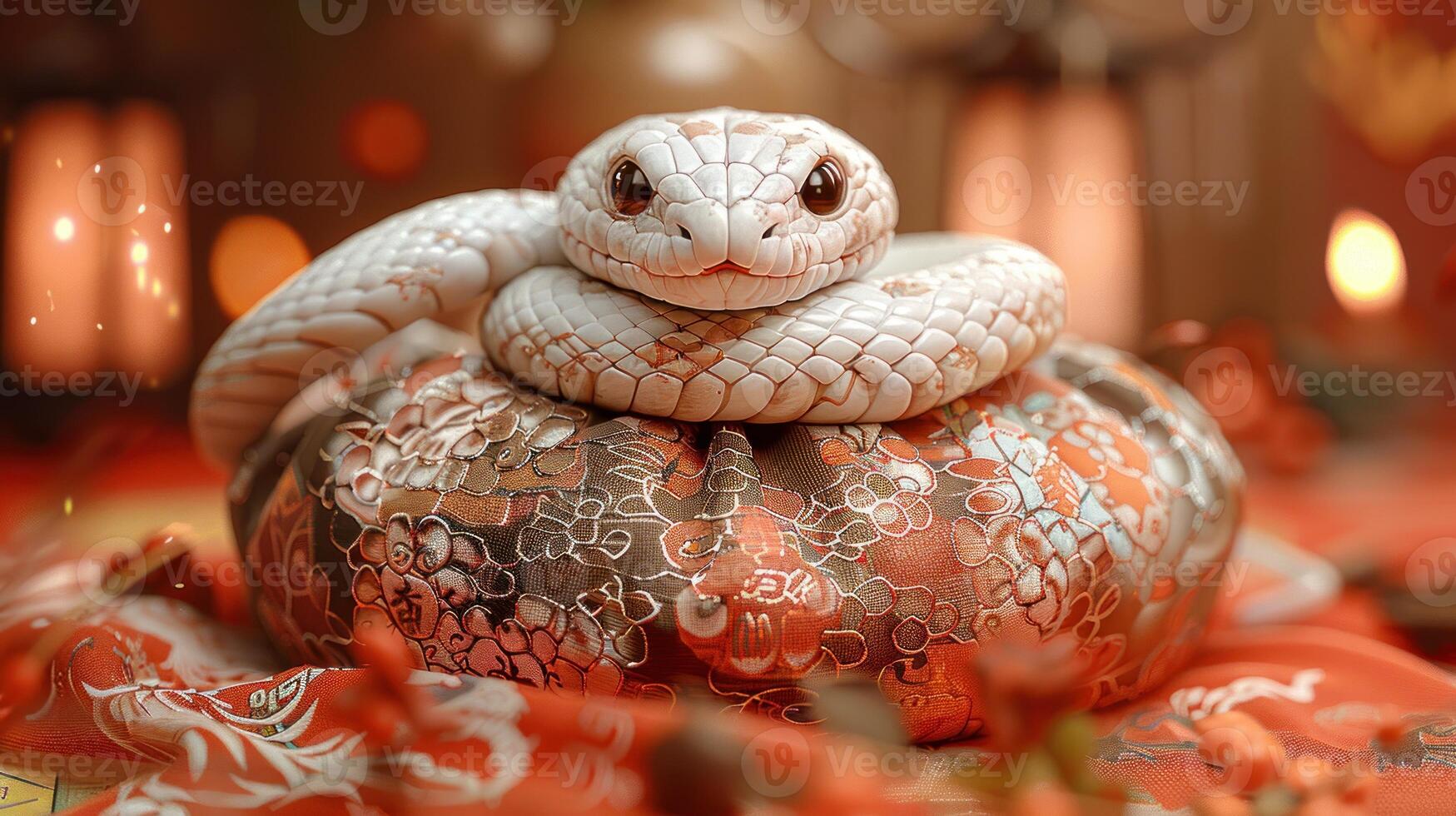 A beautiful white snake rests atop intricate fabric with glowing candles nearby photo