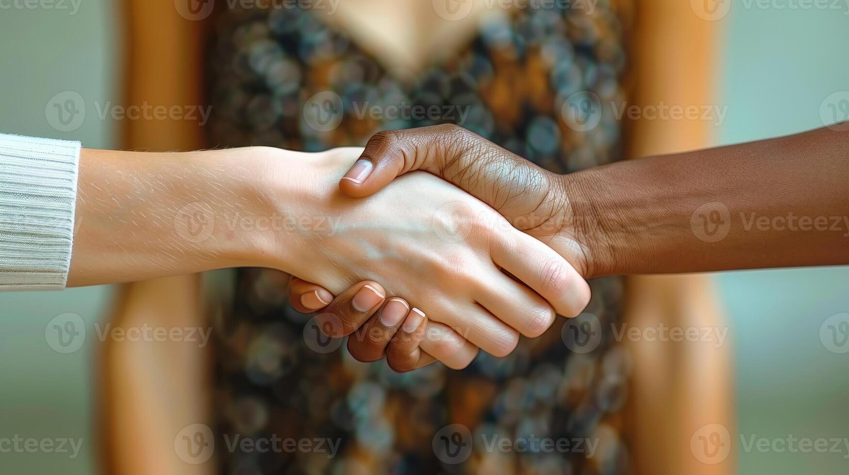 Two individuals shake hands, their diverse skin tones symbolizing unity and connection photo