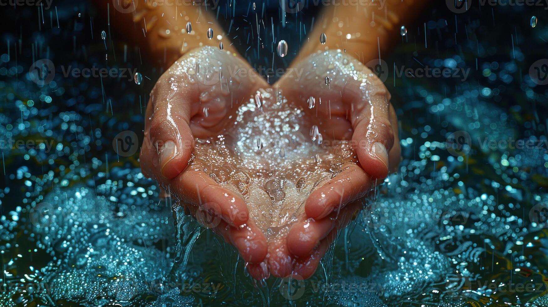 Hands reach out to catch the falling rain, forming a small pool of water photo