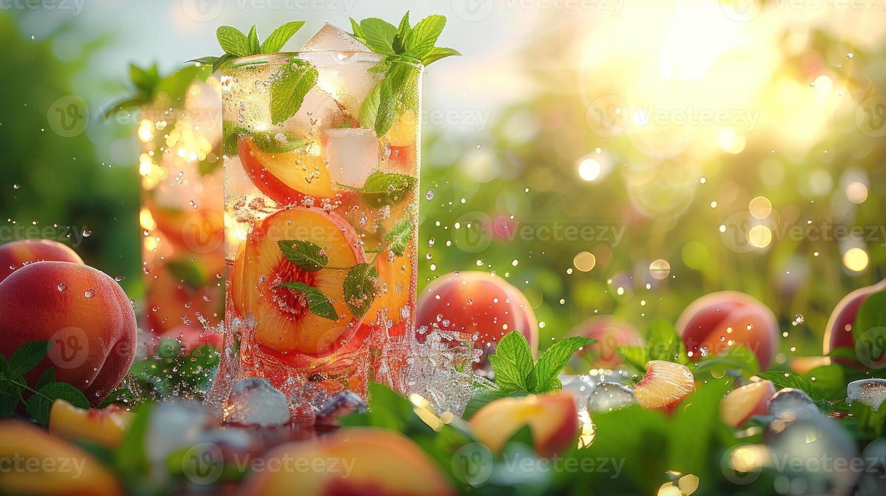 Peach slices and mint leaves in a glass of iced tea, peaches and greenery photo