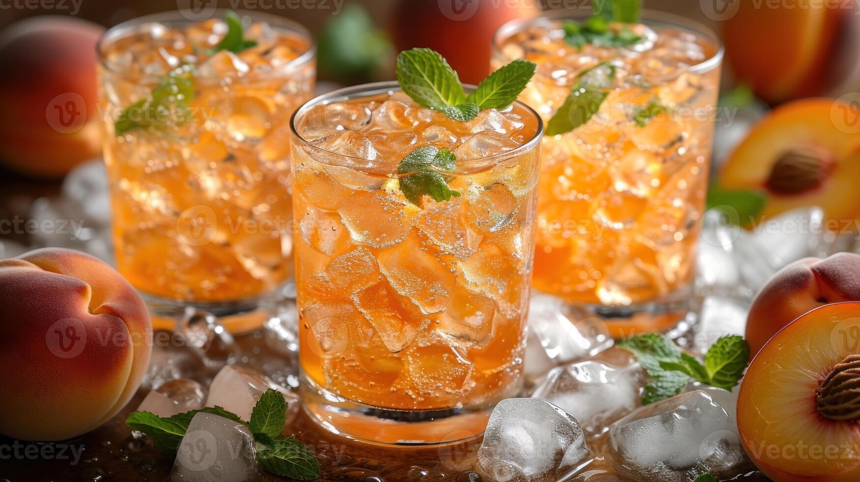 Peach iced tea with mint and ice cubes on a wooden surface photo
