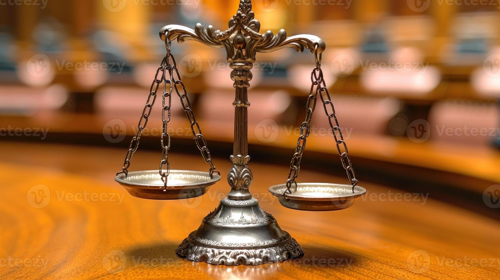 A silver scale of justice rests on a wooden table in a courtroom photo