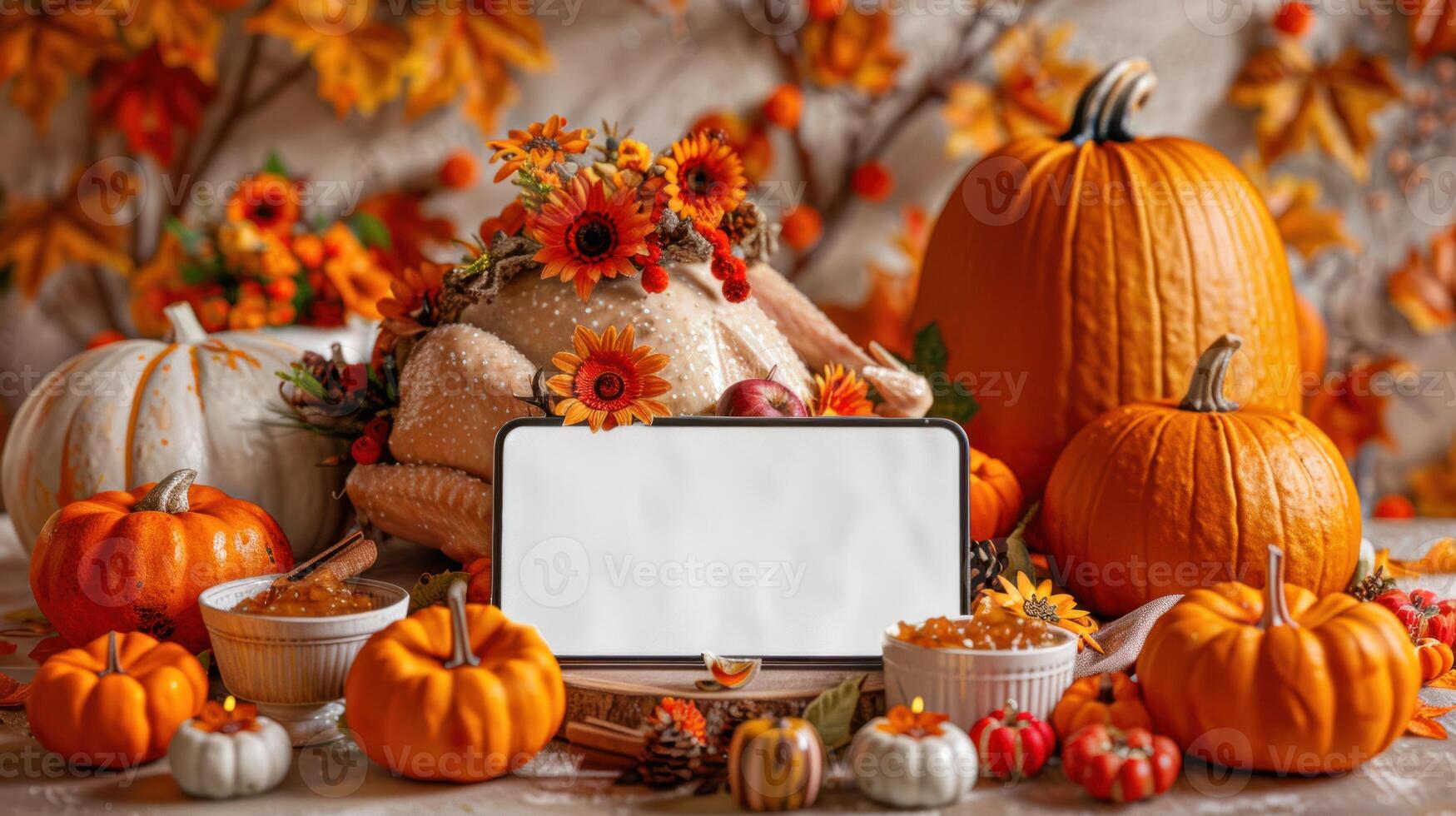Pumpkins and a roasted turkey sit on a table with a phone displaying a blank screen photo