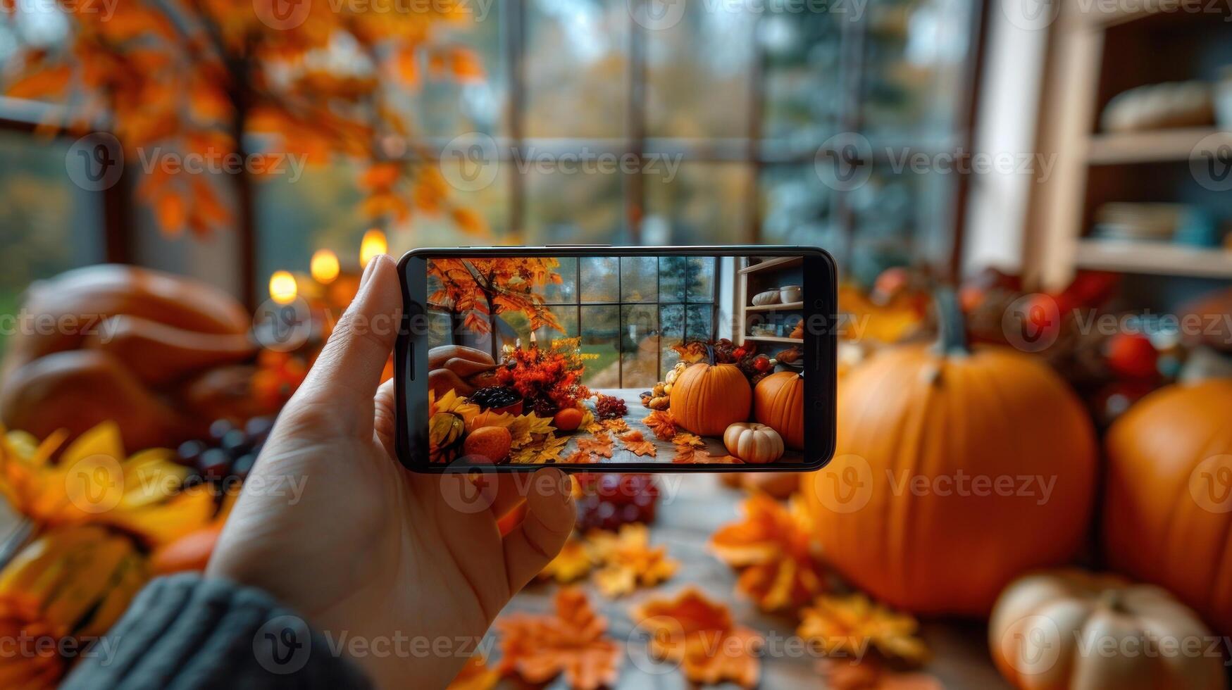 A person captures a fall scene with pumpkins and autumn leaves on a phone photo