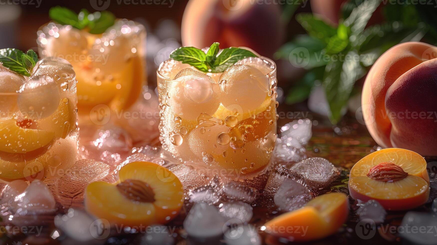 Peach slices and lychee fruit in a cocktail with mint garnish, on ice photo
