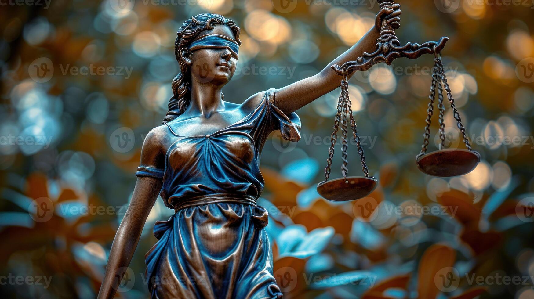A bronze statue of Lady Justice stands in a garden, holding scales of justice photo