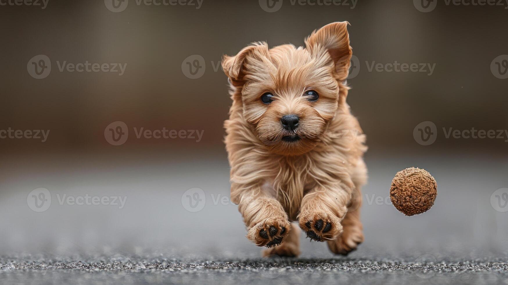 A fluffy golden retriever puppy bounds through the air, chasing after a brown ball photo