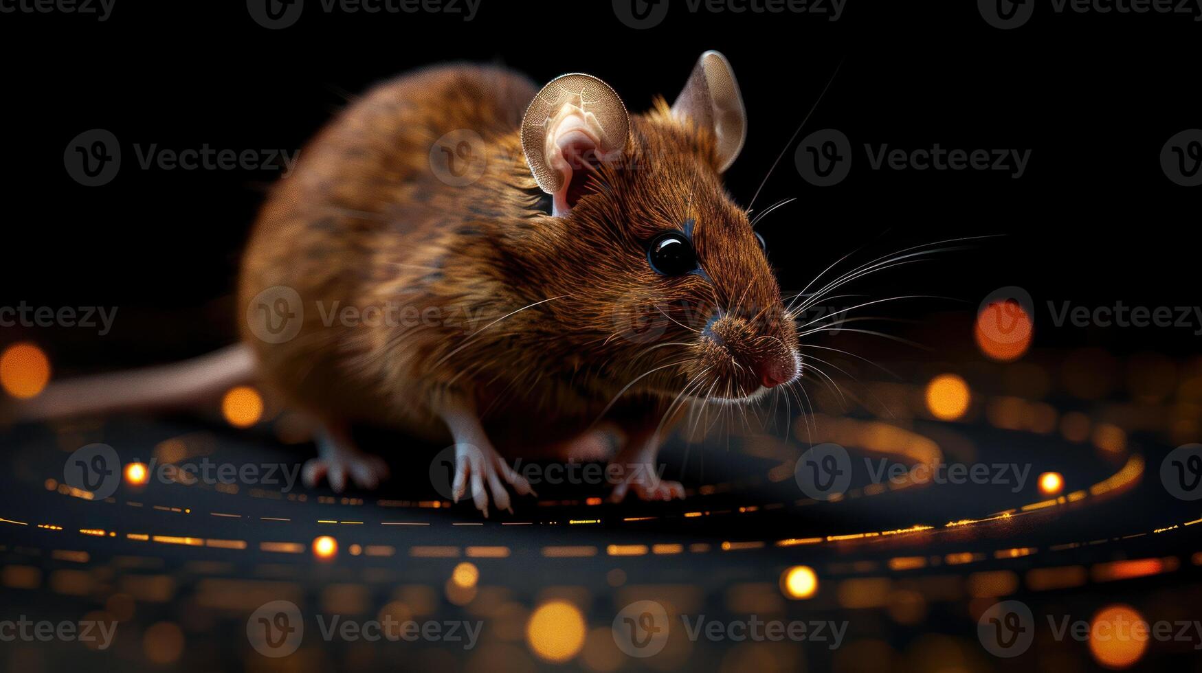 A brown mouse stands on a swirling, glowing surface, its whiskers twitching in curiosity photo