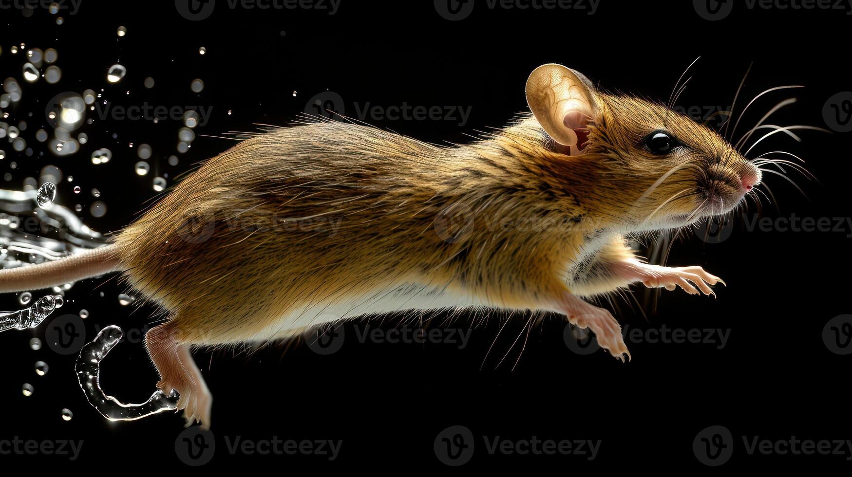 A brown mouse leaps through a spray of water drops photo