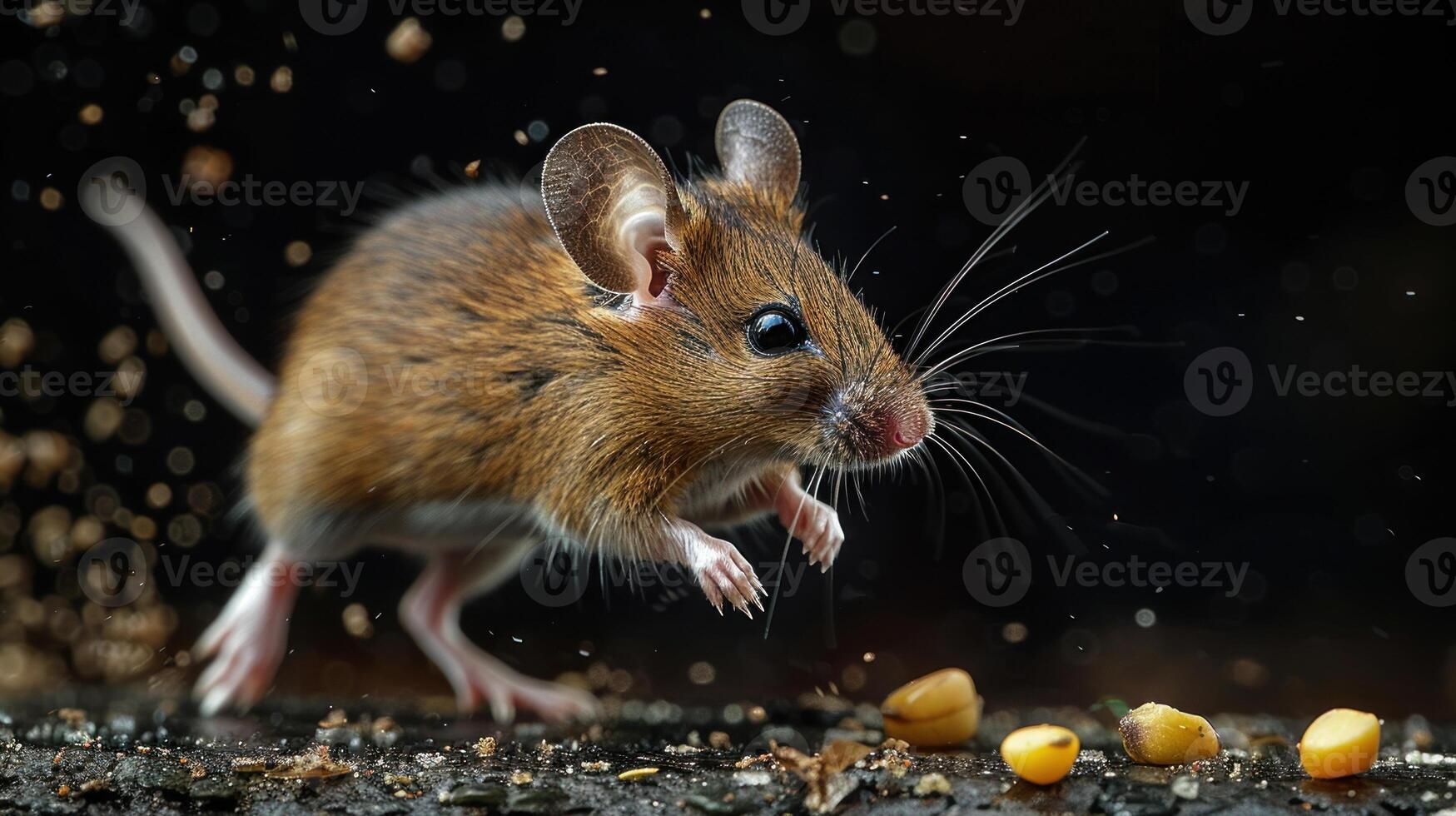 A small mouse leaps towards scattered kernels of corn in the dead of night photo