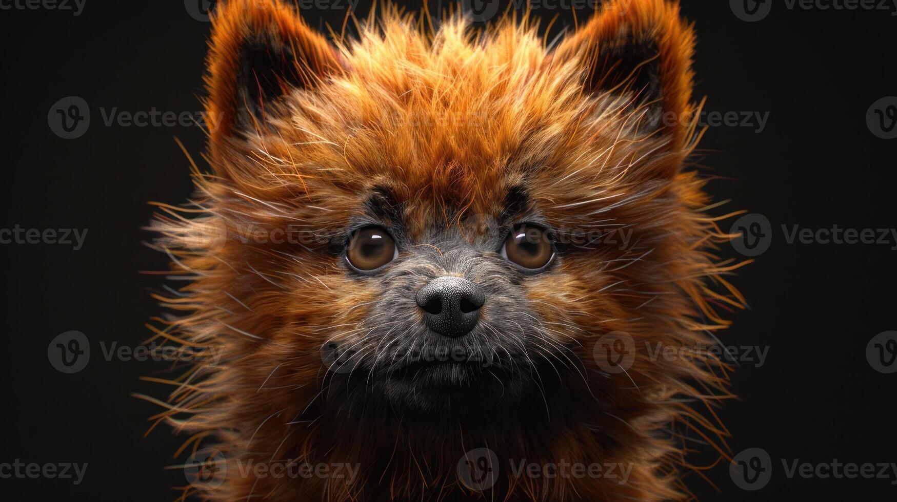 A fluffy red dog stares intently at the camera, its large eyes shining with curiosity photo