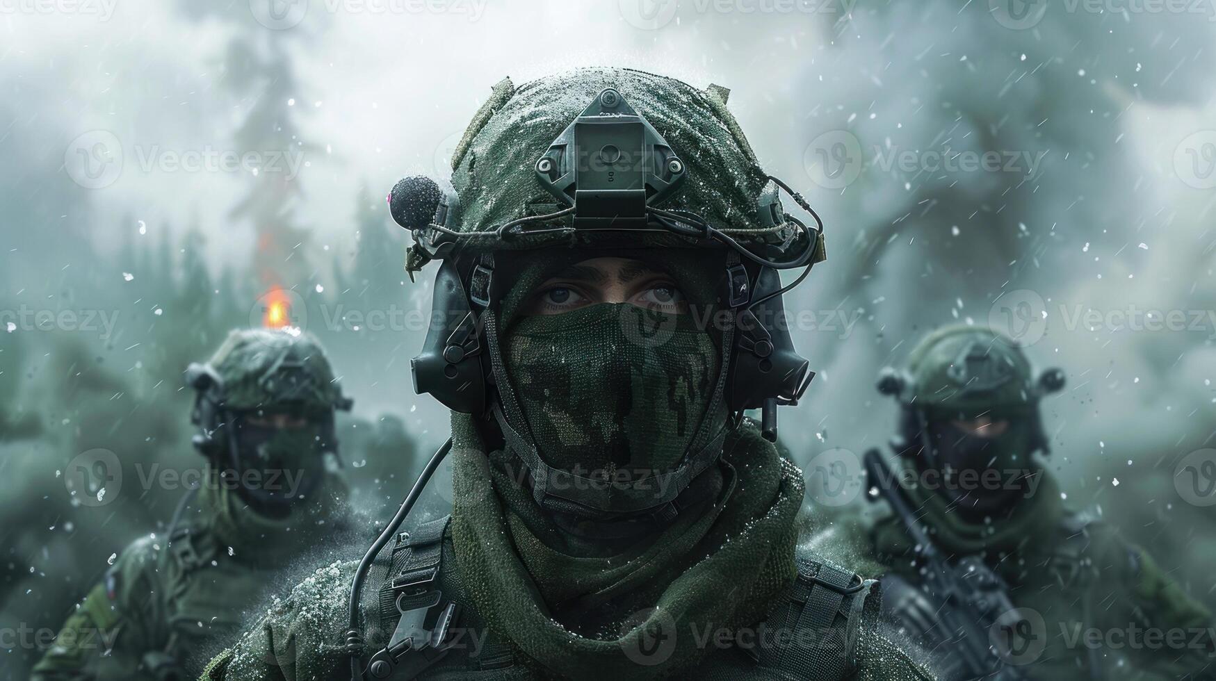 A soldier gazes into the distance, surrounded by mist and snow photo