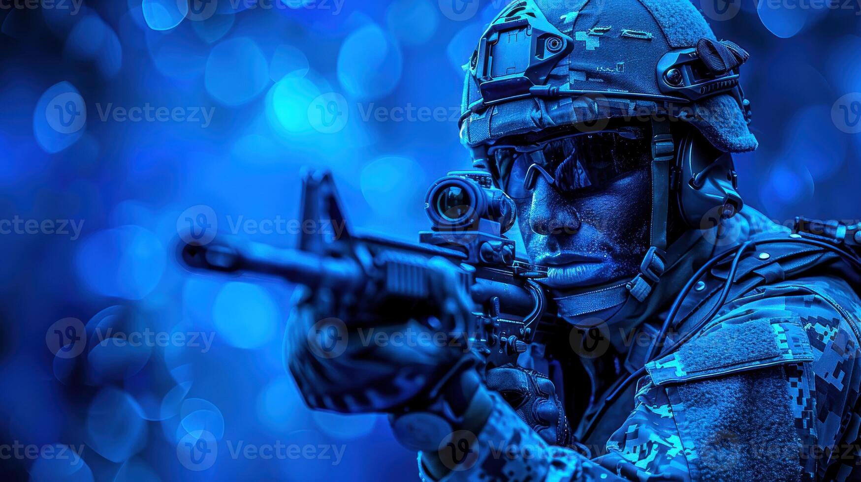 A soldier in camouflage stands ready, aiming a rifle in a blue-toned environment photo