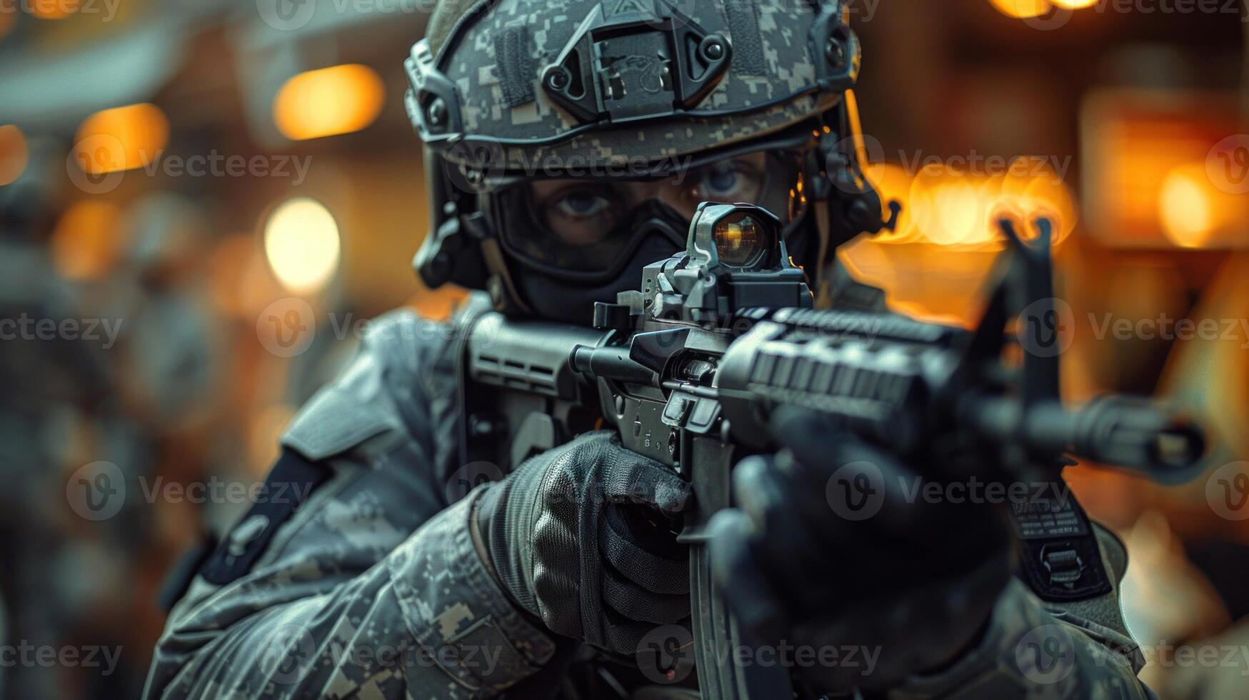 A soldier aims their rifle, their face obscured by a helmet and tactical gear photo
