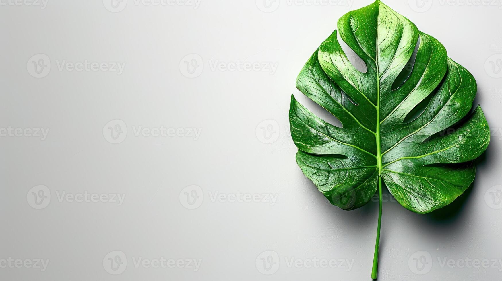 A large monstera leaf rests on a plain white surface photo