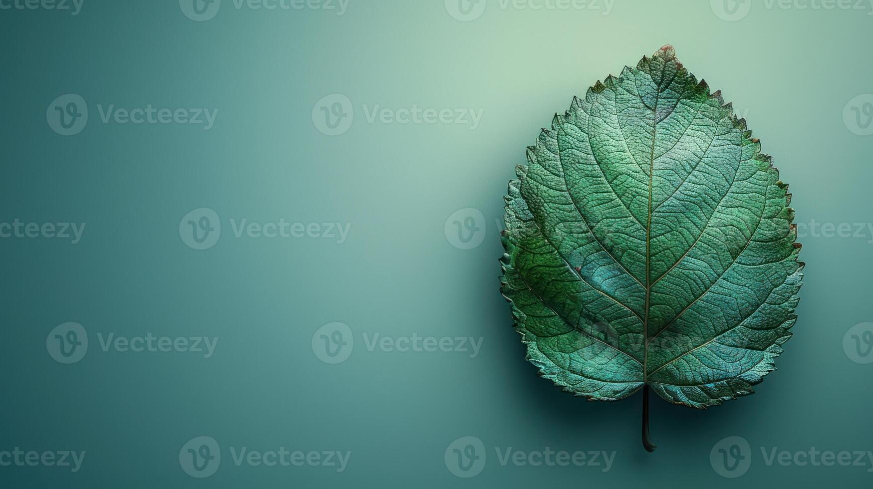 A single leaf rests on a teal background photo