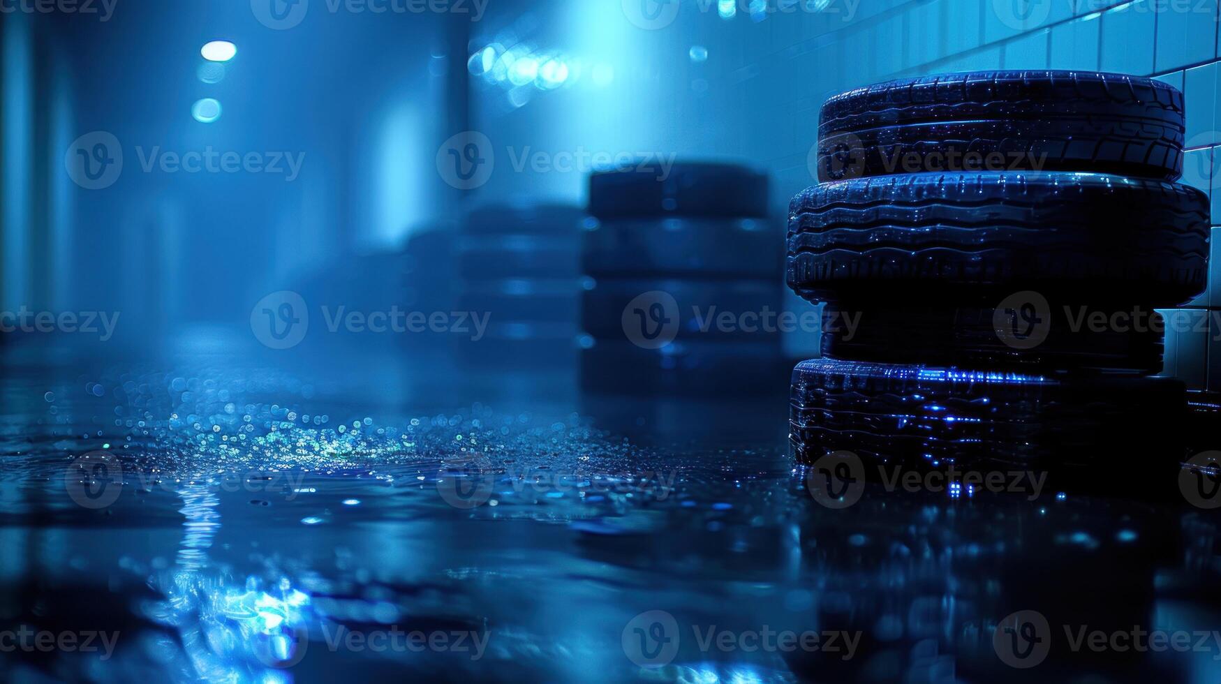 Stacks of tires sit submerged in floodwater, illuminated by a soft blue light photo