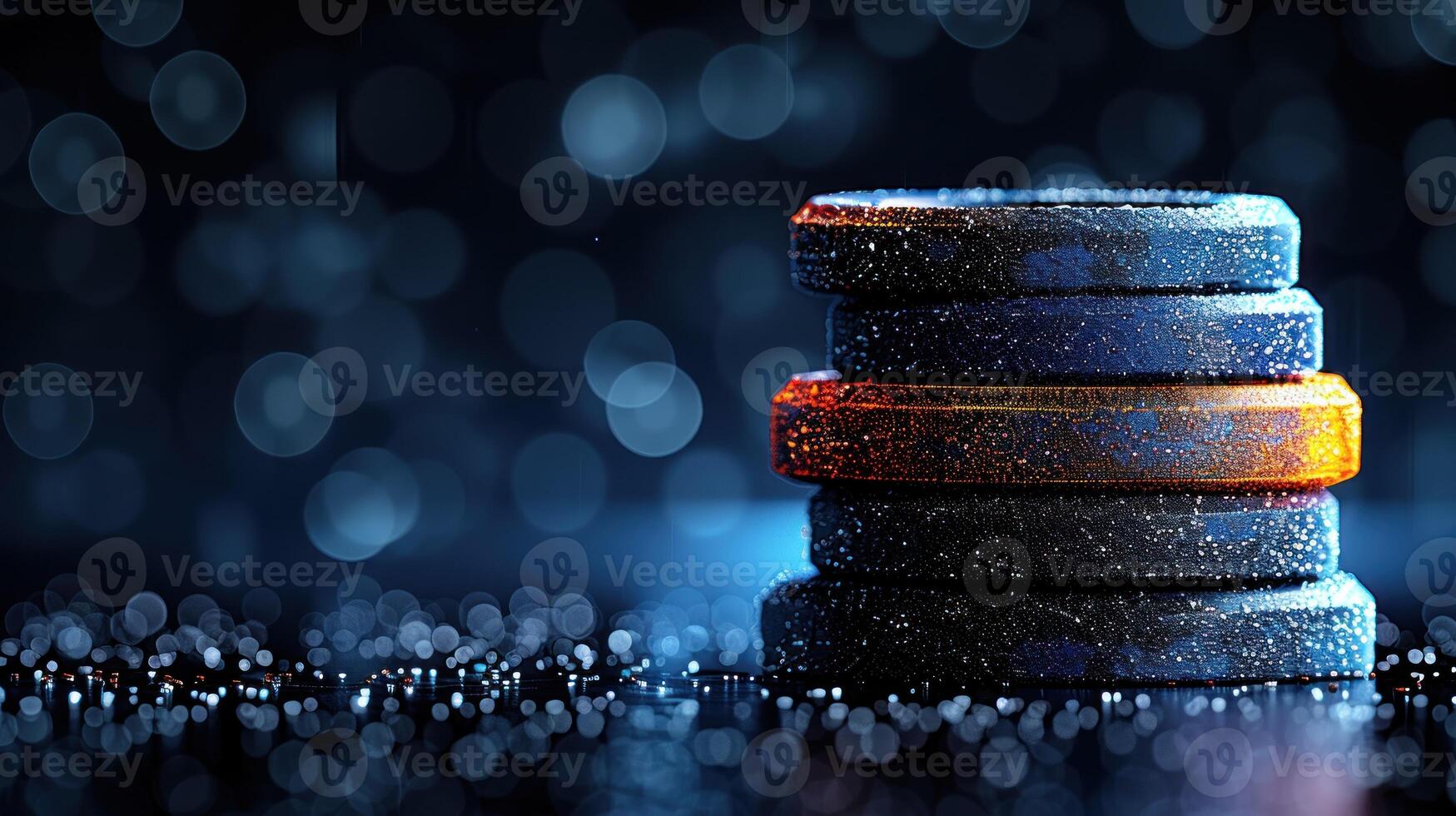 Circular weight plates stacked against a blurry background photo