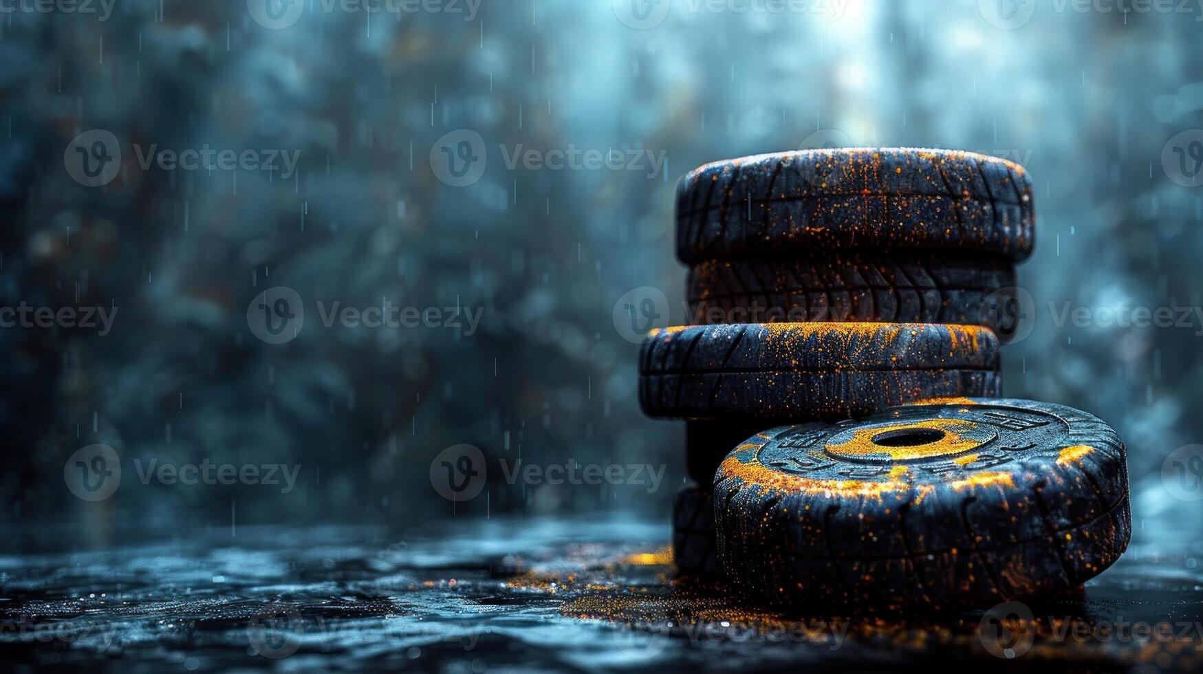 Tires stacked in a misty forest during a downpour photo