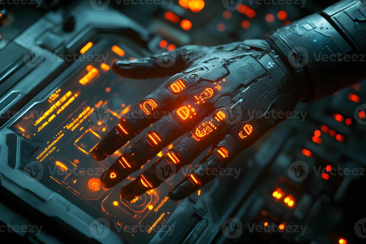 Futuristic Robotic Glove Interface with Neon Orange Controls for Sci-Fi Technology Design photo