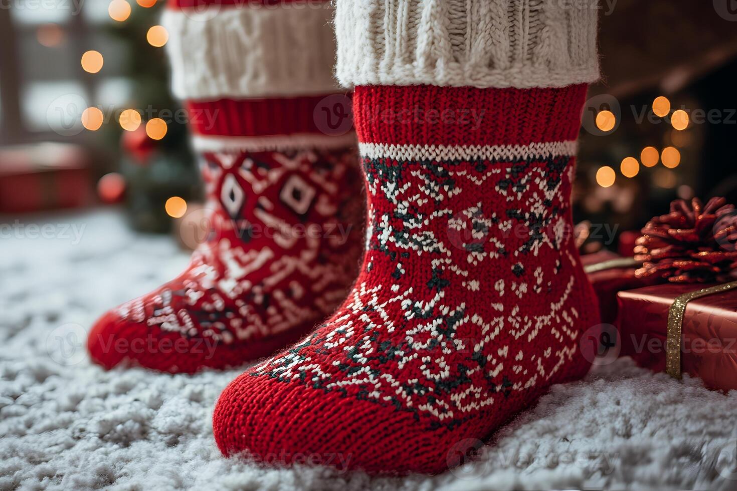 Cozy Winter Holiday Scene with Festive Knitted Red Socks by a Decorated Christmas Tree photo