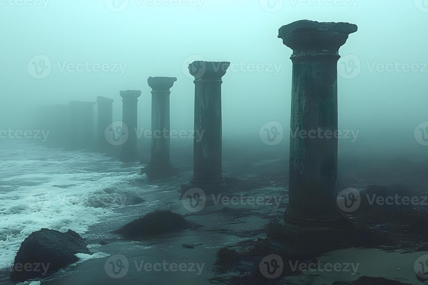 Ancient Stone Columns in Misty Ocean Landscape for Artistic and Historical Imagery photo