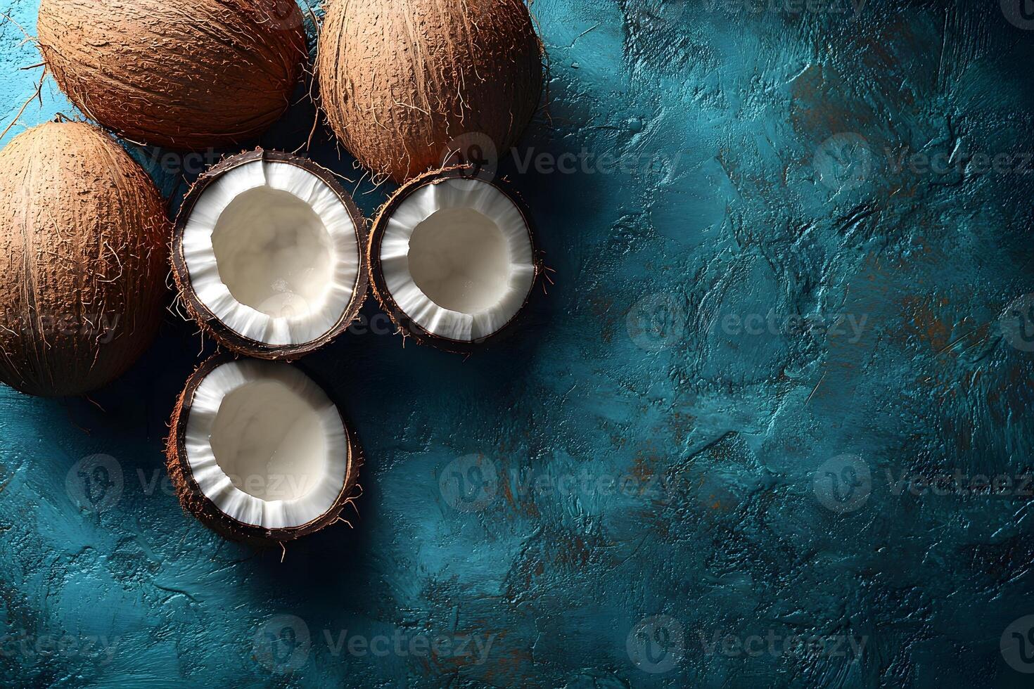 Tropical Coconut Arrangement on Teal Rustic Background for Culinary and Design Projects photo