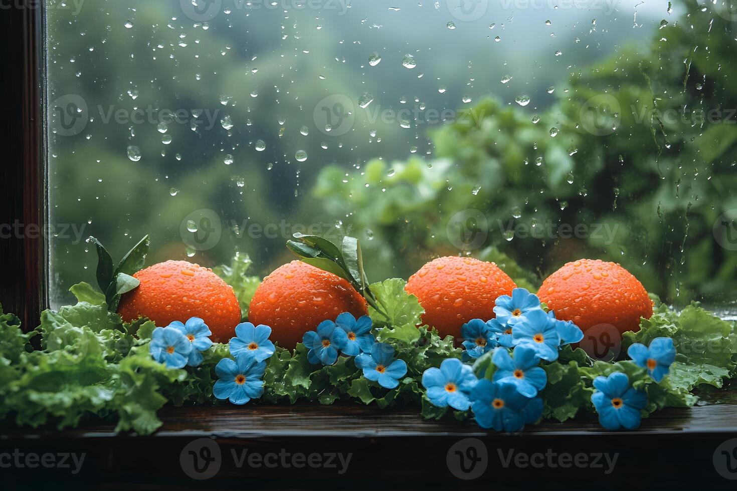 Fresh Oranges with Raindrops and Blue Blooms on a Rainy Window Ledge photo