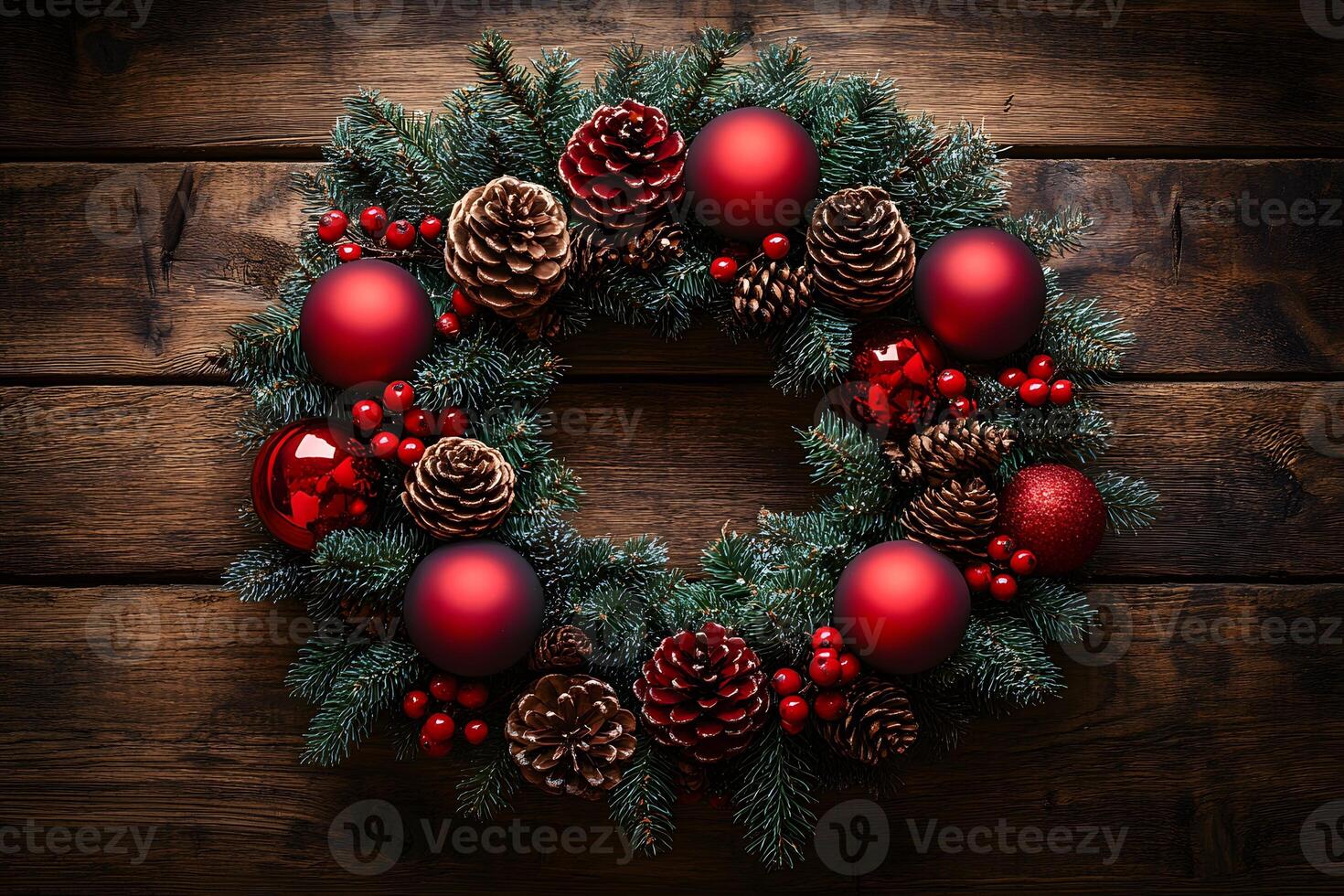 Festive Christmas Wreath with Red Baubles and Pinecones for Holiday Decoration photo