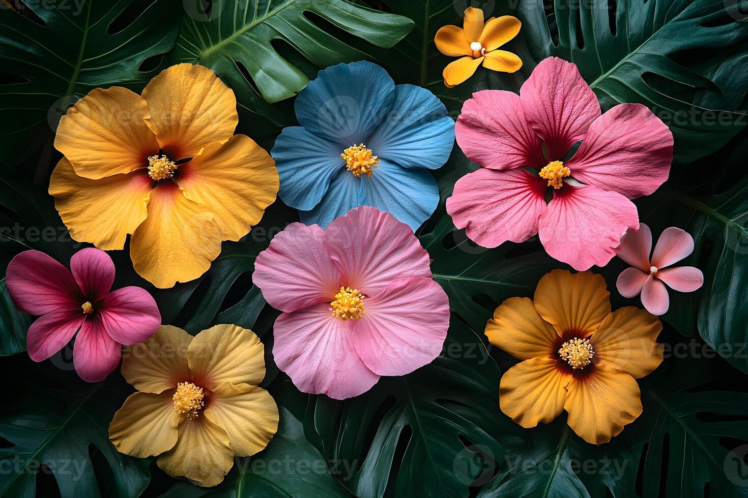 Vibrant Tropical Hibiscus and Monstera Leaves - Floral Design for Botanical Decor photo