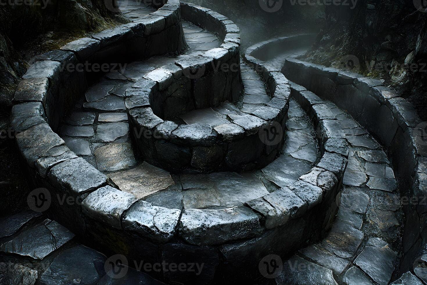 Mysterious Stone Pathway in Misty Forest - Nature Exploration Concept photo