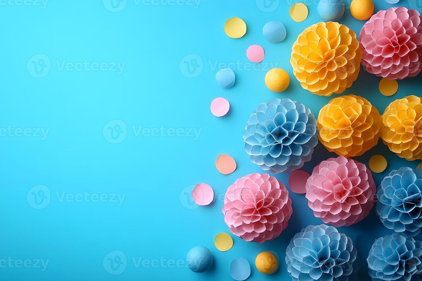 Vibrant Paper Flowers and Polka Dots on Blue Background for Creative Design photo