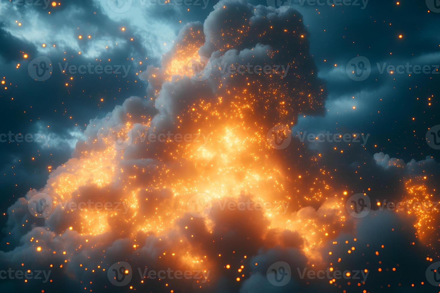 Glowing Cloudscape with Fiery Particles for Atmospheric Digital Art or Sci-Fi Concept photo