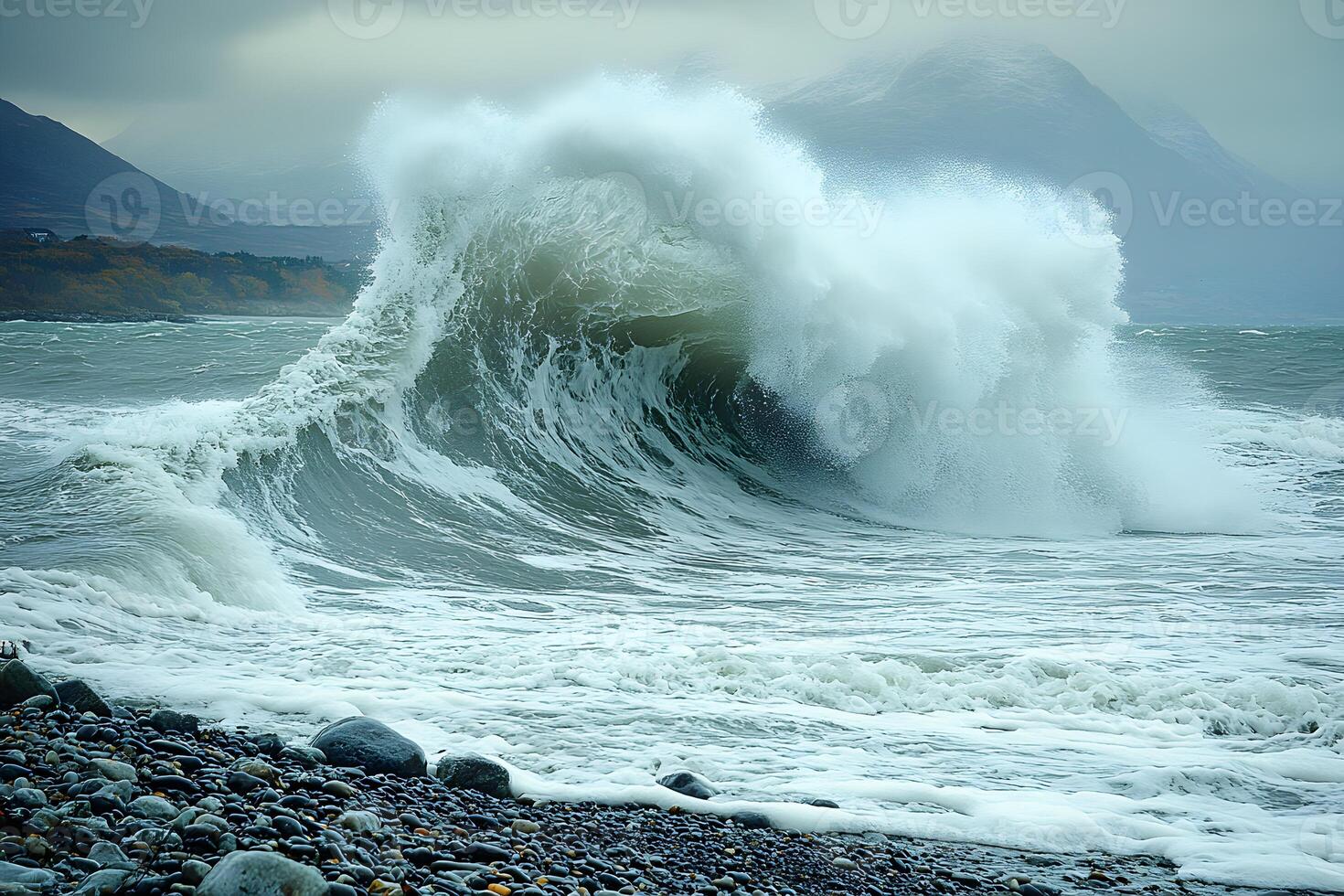 Powerful Ocean Wave Crashing on Rocky Shore Amidst Overcast Skies photo