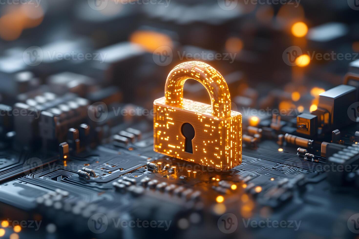 Digital Security Concept with Glowing Lock on Circuit Board for Cybersecurity and Data Protection photo