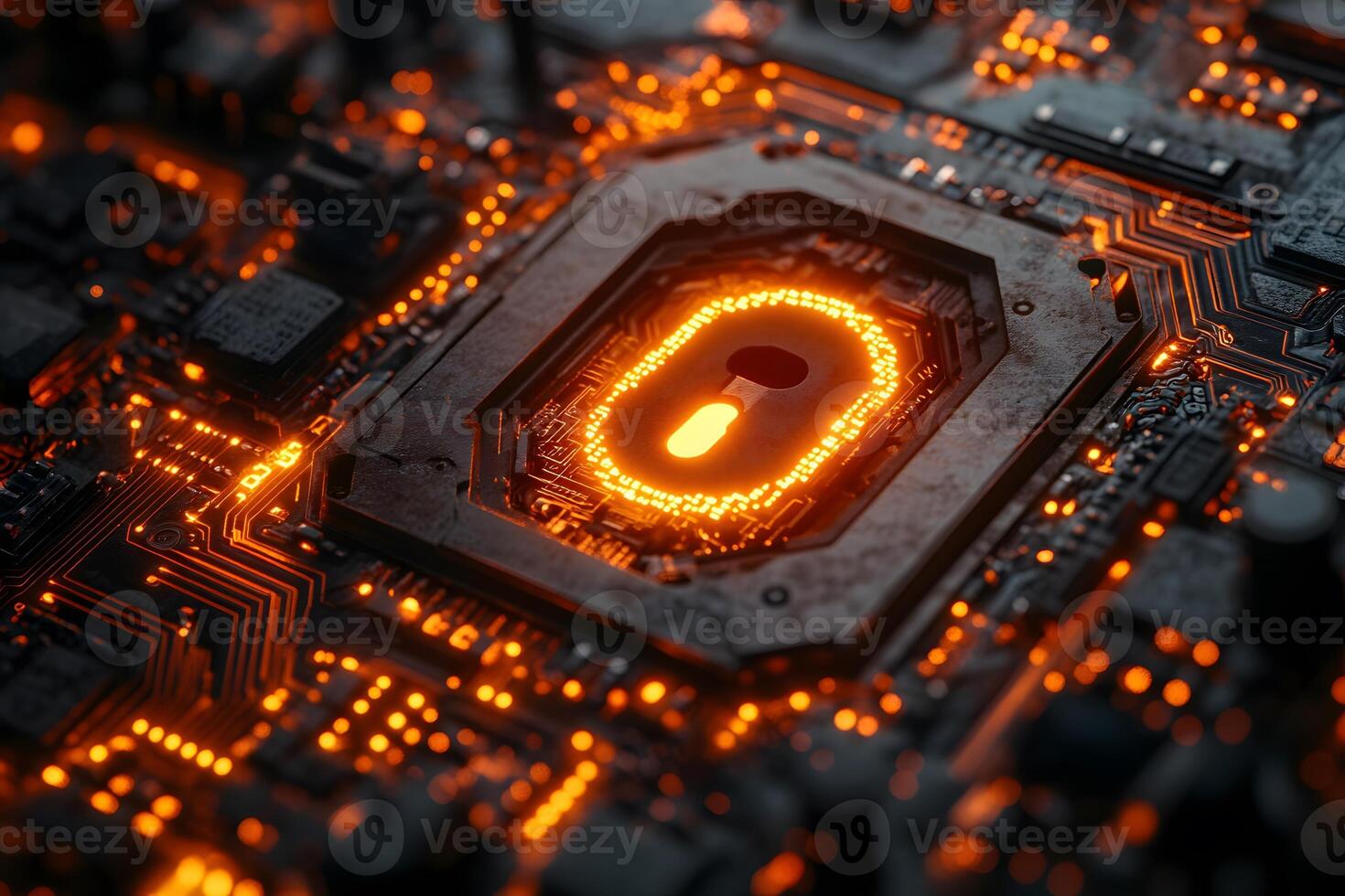 Cybersecurity Concept Glowing Lock on Circuit Board for Digital Safety and Protection Design photo