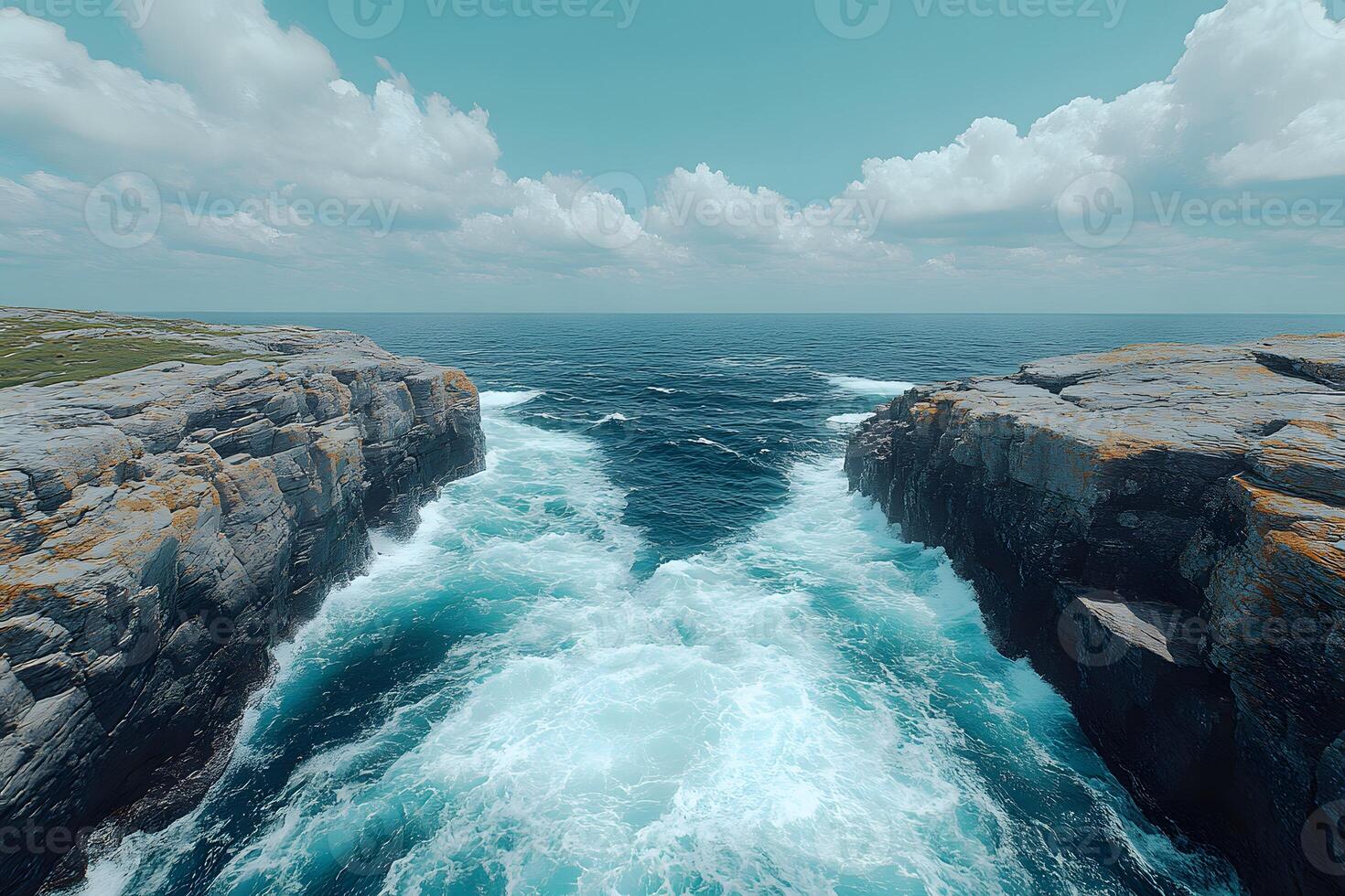 Majestic Coastal Cliffside with Ocean Waves under Clear Blue Skies photo