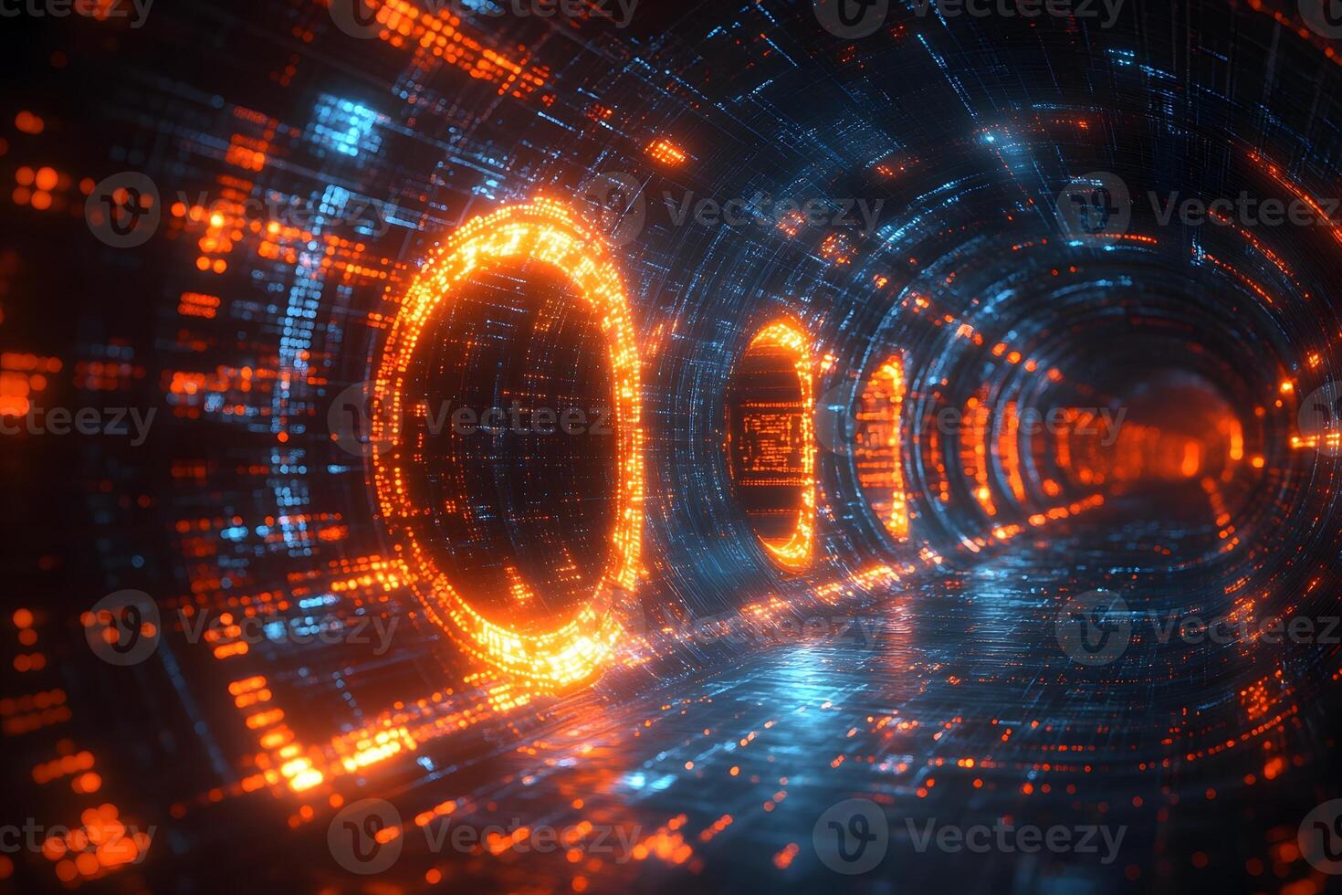 Futuristic Neon Tunnel with Glowing Orange and Blue Lights - Sci-Fi Digital Concept photo