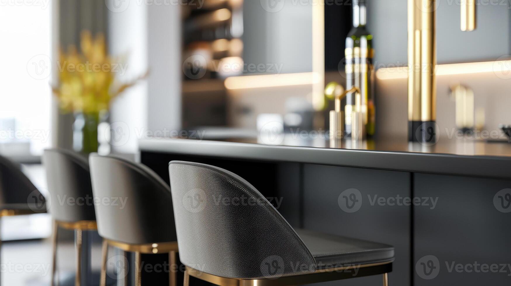 Modern kitchen design with sleek bar stools, elegant decor, and stylish lighting creates sophisticated atmosphere. bold geometric patterns enhance contemporary feel photo