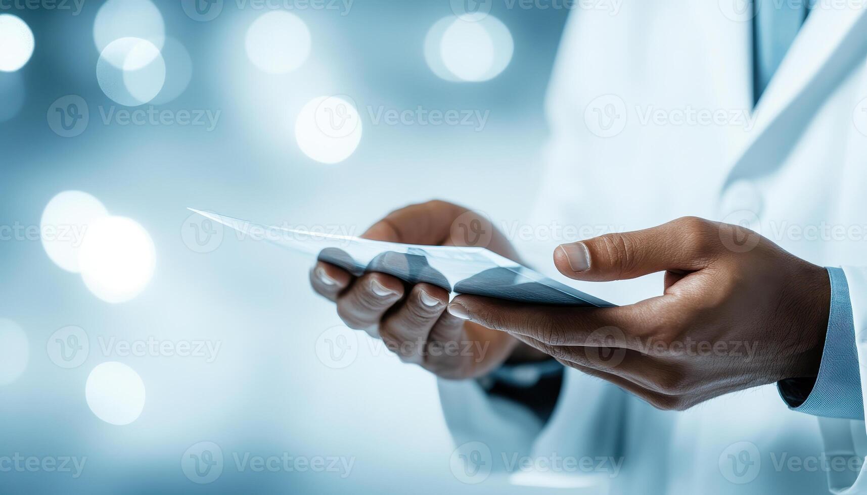 Close up of hands holding medical documents in clinical setting, conveying professionalism and care. blurred background adds sense of focus on task at hand photo