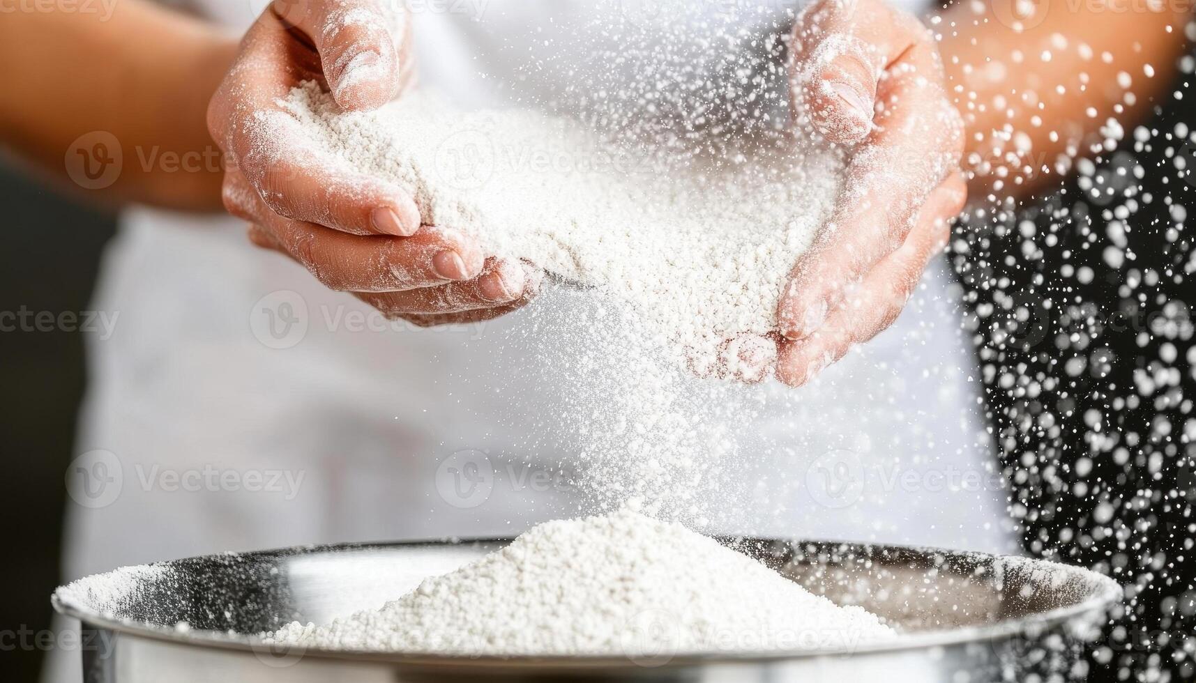 Sifting flour into mixing bowl creates light, airy texture essential for baking. fine particles float gracefully, enhancing cooking experience photo