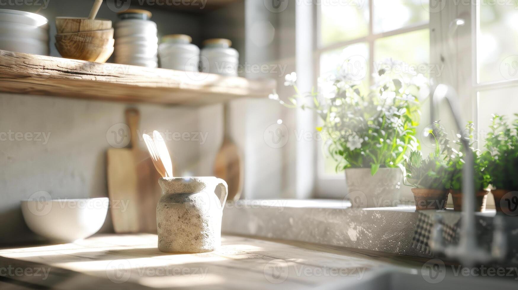Cozy farmhouse kitchen with rustic wooden cabinet, sunlight streaming through window, and fresh herbs in pots, creating warm and inviting atmosphere photo