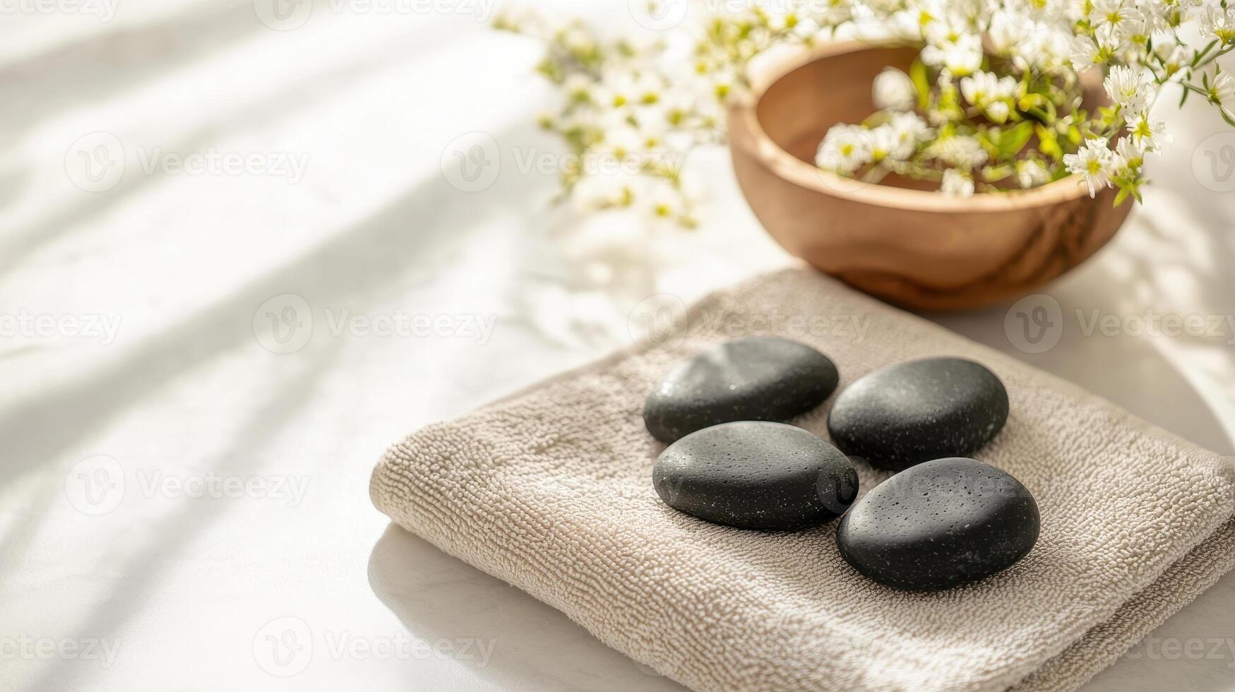 Warm stones arranged on soft towel, accompanied by wooden bowl of flowers, create serene spa atmosphere. Perfect for relaxation and wellness photo