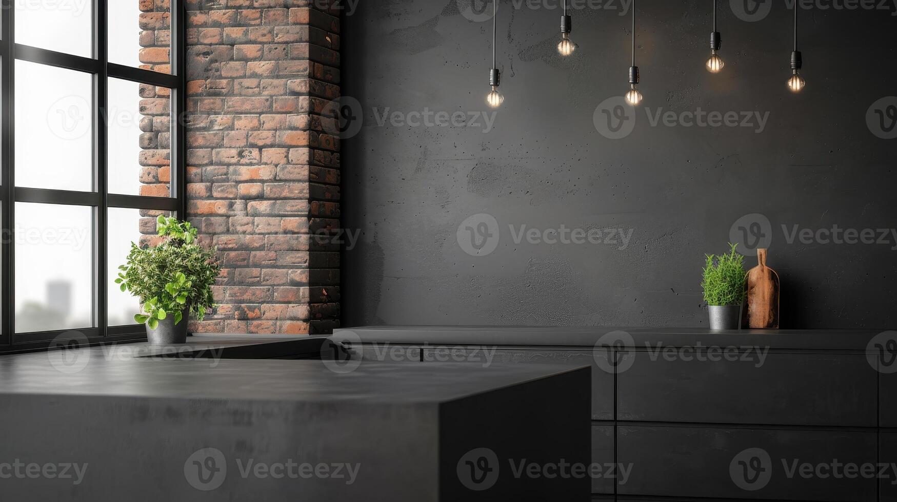 modern industrial style kitchen featuring exposed brick walls, sleek black cabinetry, and stylish pendant lighting. space is enhanced by greenery, creating warm atmosphere photo