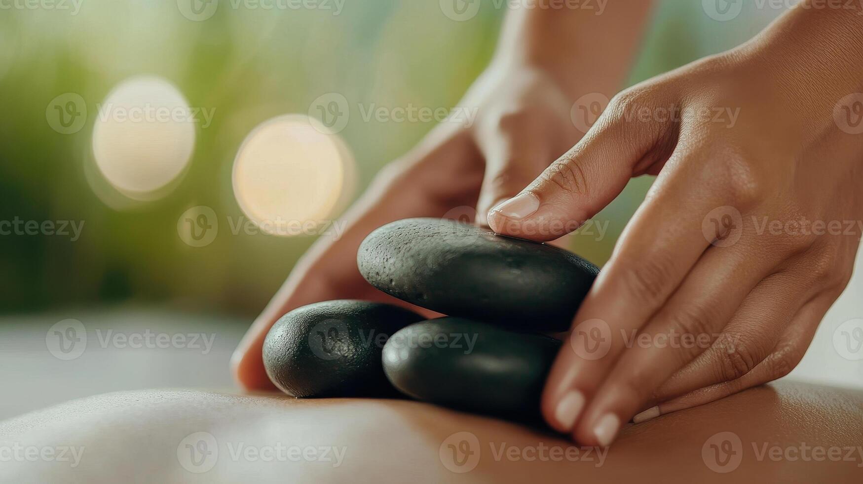 Relaxing spa treatment featuring close up of back massage with smooth stones. soothing atmosphere enhances experience, promoting tranquility and wellness photo