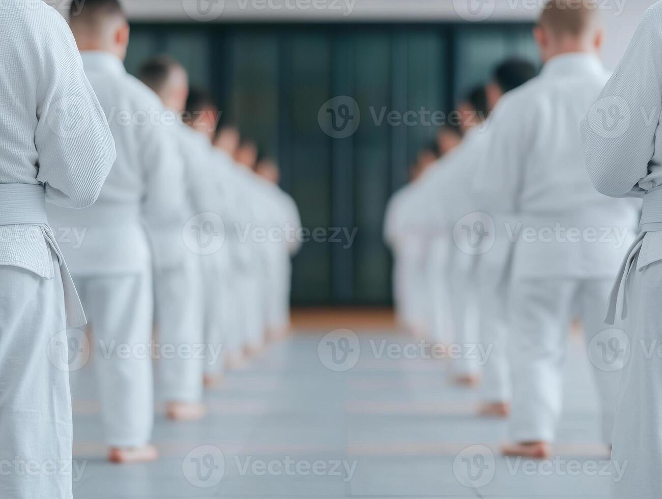Practitioners in white uniforms preparing for training in dojo, showcasing discipline and focus. atmosphere is calm and respectful, emphasizing importance of tradition photo