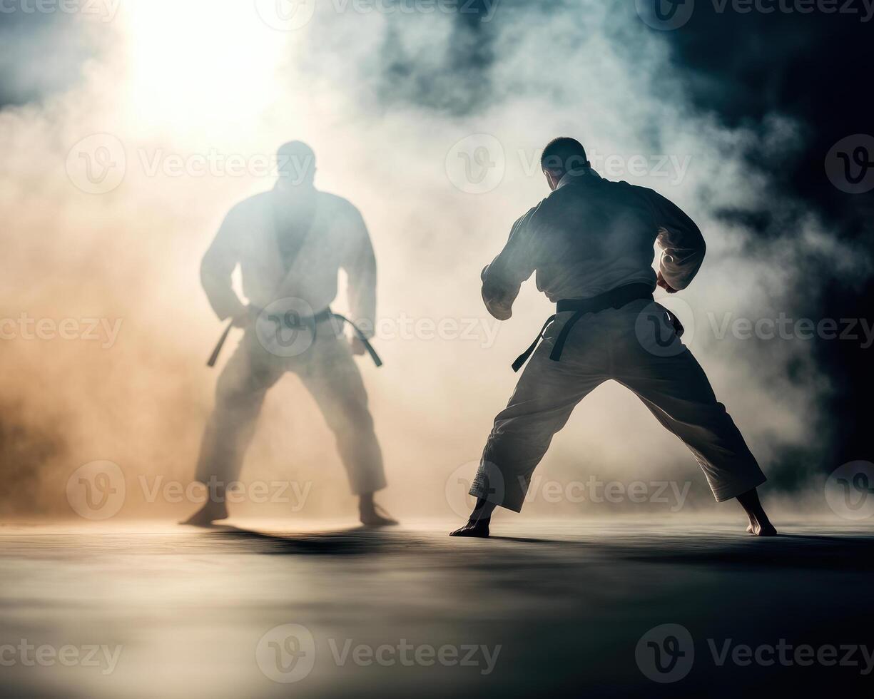 Martial artists practicing jiu jitsu techniques in smoky environment, showcasing their skills and focus. dramatic lighting enhances intensity of moment photo